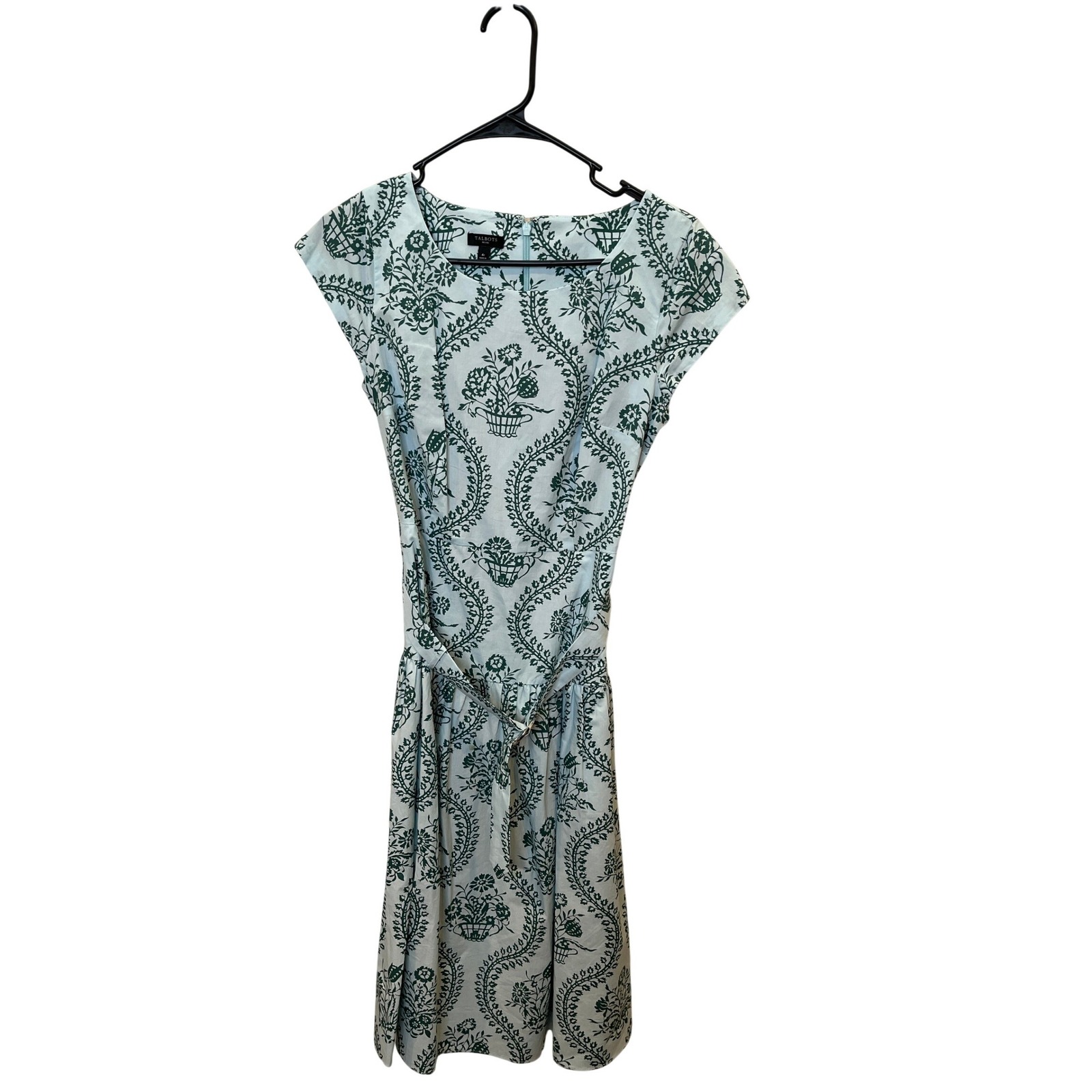 Talbots Petite 4p Green Light Blue Damask Floral Cotton Fit Flare Belted Dress